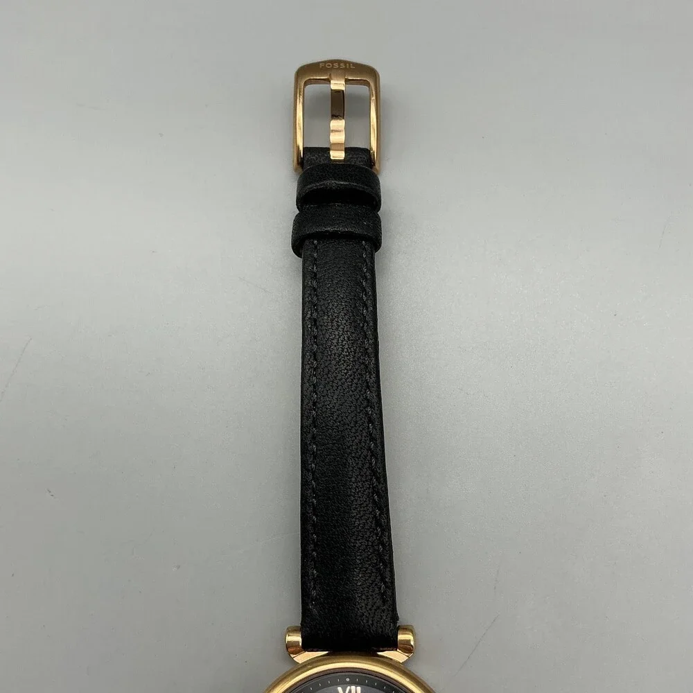 Fossil Carlie Womens Watch 28mm Black Dial Gold Tone Leather ES4700 New Battery